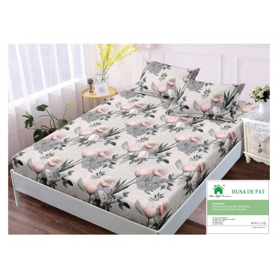 Husa pat cu elastic, Bumbac FINET, 180x200cm, 2 fete de perne 50x70cm, Gri-Crem, flori, HDF-046 Huse Finet 180x200cm