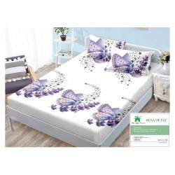 Husa pat cu elastic, Bumbac FINET, 180x200cm, 2 fete de perne 50x70cm, Alb-Lila, flori, fluturi, HDF-045