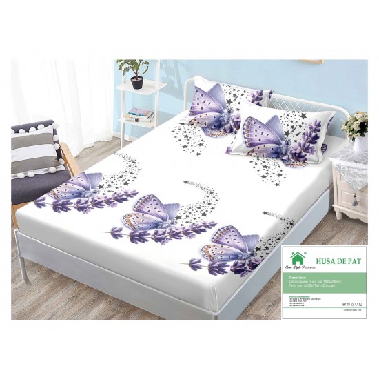 Husa pat cu elastic, Bumbac FINET, 180x200cm, 2 fete de perne 50x70cm, Alb-Lila, flori, fluturi, HDF-045 Huse Finet 180x200cm