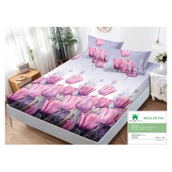 Husa pat cu elastic, Bumbac FINET, 180x200cm, 2 fete de perne 50x70cm, Gri-Roz, flori, HDF-043