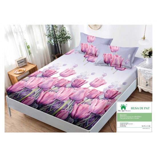 Husa pat cu elastic, Bumbac FINET, 180x200cm, 2 fete de perne 50x70cm, Gri-Roz, flori, HDF-043 Huse Finet 180x200cm