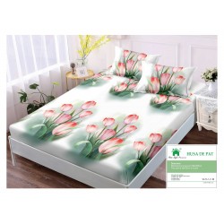 Husa pat cu elastic, Bumbac FINET, 180x200cm, 2 fete de perne 50x70cm, Alb-Verde, flori, HDF-042