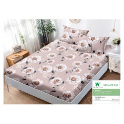 Husa pat cu elastic, Bumbac FINET, 180x200cm, 2 fete de perne 50x70cm, Bej-Alb, flori, HDF-040