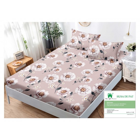 Husa pat cu elastic, Bumbac FINET, 180x200cm, 2 fete de perne 50x70cm, Bej-Alb, flori, HDF-040 Huse Finet 180x200cm