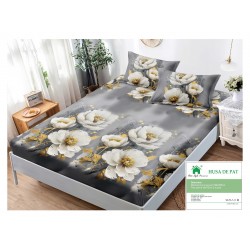 Husa pat cu elastic, Bumbac FINET, 180x200cm, 2 fete de perne 50x70cm, Gri-Alb, flori, HDF-039