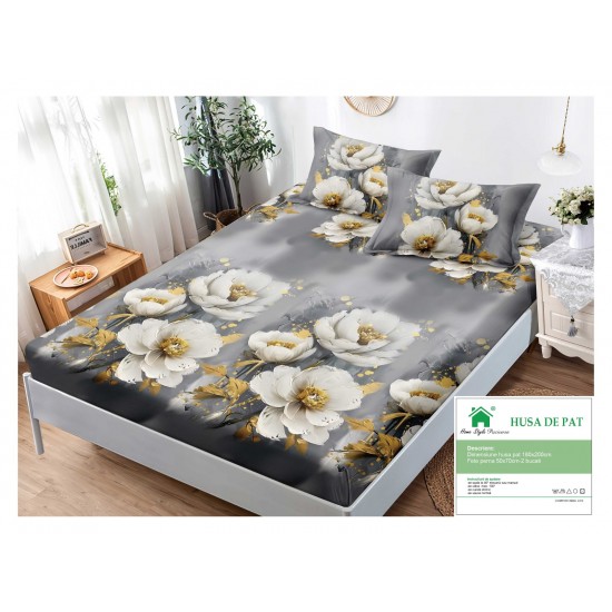 Husa pat cu elastic, Bumbac FINET, 180x200cm, 2 fete de perne 50x70cm, Gri-Alb, flori, HDF-039 Huse Finet 180x200cm