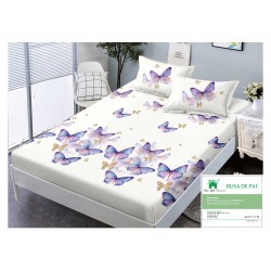 Husa pat cu elastic, Bumbac FINET, 180x200cm, 2 fete de perne 50x70cm, Alb-Albastru, fluturi, HDF-038