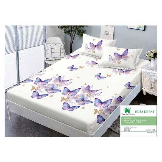 Husa pat cu elastic, Bumbac FINET, 180x200cm, 2 fete de perne 50x70cm, Alb-Albastru, fluturi, HDF-038 Huse Finet 180x200cm