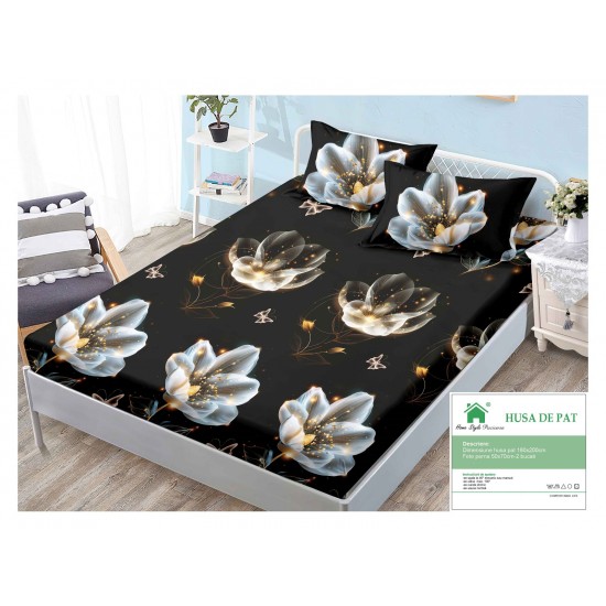 Husa pat cu elastic, Bumbac FINET, 180x200cm, 2 fete de perne 50x70cm, Negru-Gri, flori, HDF-036 Huse Finet 180x200cm