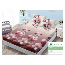 Husa pat cu elastic, Bumbac FINET, 180x200cm, 2 fete de perne 50x70cm, Alb-Bordo, flori, HDF-035
