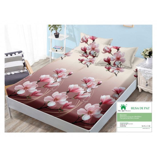 Husa pat cu elastic, Bumbac FINET, 180x200cm, 2 fete de perne 50x70cm, Alb-Bordo, flori, HDF-035 Huse Finet 180x200cm