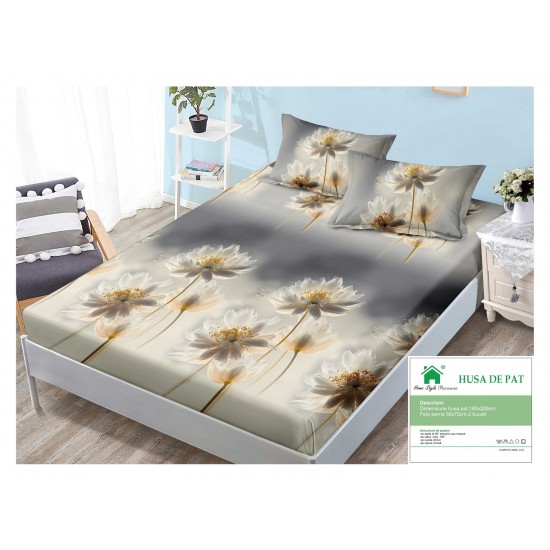 Husa pat cu elastic, Bumbac FINET, 180x200cm, 2 fete de perne 50x70cm, Bej-Gri, flori, HDF-032 Huse Finet 180x200cm