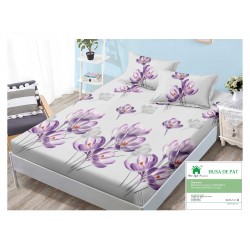 Husa pat cu elastic, Bumbac FINET, 180x200cm, 2 fete de perne 50x70cm, Gri-Mov, flori, HDF-030