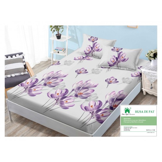 Husa pat cu elastic, Bumbac FINET, 180x200cm, 2 fete de perne 50x70cm, Gri-Mov, flori, HDF-030 Huse Finet 180x200cm