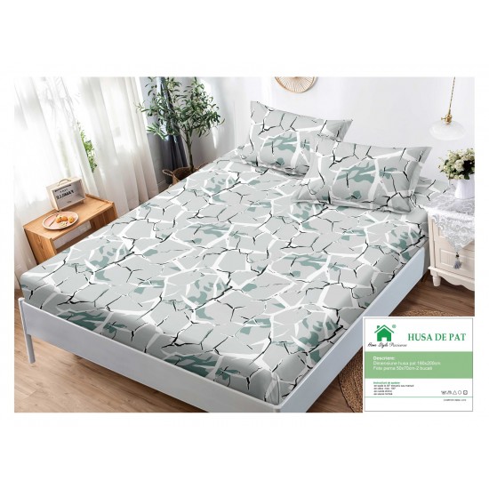 Husa pat cu elastic, Bumbac FINET, 180x200cm, 2 fete de perne 50x70cm, Gri-Verde, HDF-029 Huse Finet 180x200cm