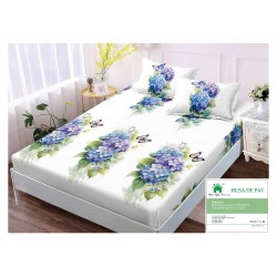 Husa pat cu elastic, Bumbac FINET, 180x200cm, 2 fete de perne 50x70cm, Alb-Multicolor, flori, HDF-027