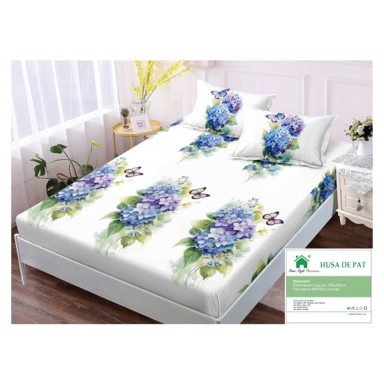 Husa pat cu elastic, Bumbac FINET, 180x200cm, 2 fete de perne 50x70cm, Alb-Multicolor, flori, HDF-027 Huse Finet 180x200cm