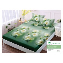 Husa pat cu elastic, Bumbac FINET, 180x200cm, 2 fete de perne 50x70cm, Verde-Alb, flori, HDF-026
