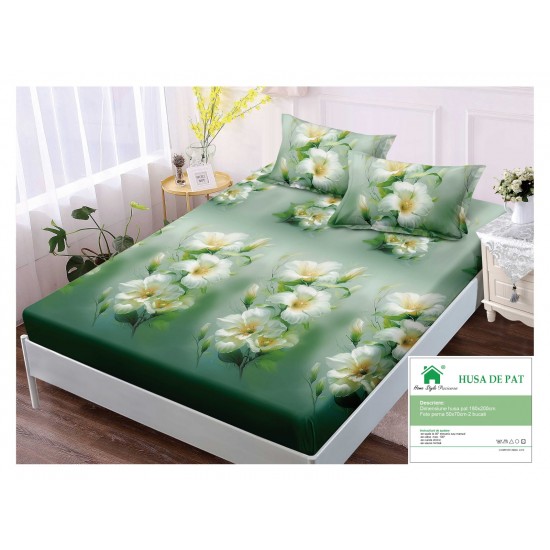 Husa pat cu elastic, Bumbac FINET, 180x200cm, 2 fete de perne 50x70cm, Verde-Alb, flori, HDF-026 Huse Finet 180x200cm