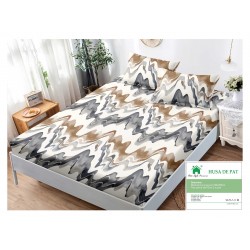 Husa pat cu elastic, Bumbac FINET, 180x200cm, 2 fete de perne 50x70cm, Alb-Gri, pete, HDF-024