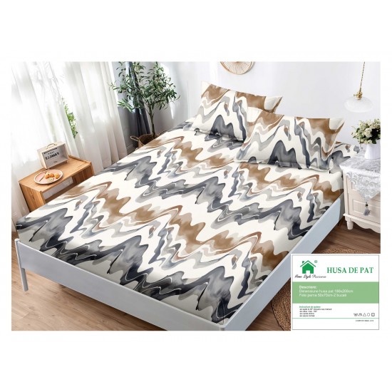 Husa pat cu elastic, Bumbac FINET, 180x200cm, 2 fete de perne 50x70cm, Alb-Gri, pete, HDF-024 Huse Finet 180x200cm