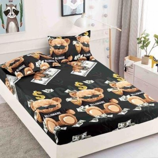 Husa pat cu elastic, Bumbac FINET, 180x200cm, 2 fete de perne 50x70cm, Negru-Maro, ursulet, HDF-128 Huse Finet 180x200cm