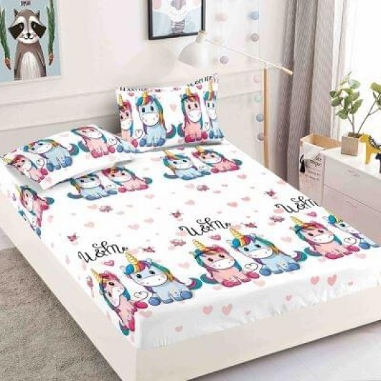 Husa pat cu elastic, Bumbac FINET, 180x200cm, 2 fete de perne 50x70cm, Alb-Multicolor, unicorn, HDF-028 Huse Finet 180x200cm