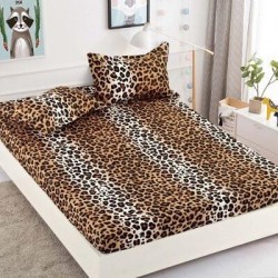 Husa pat cu elastic, Bumbac FINET, 180x200cm, 2 fete de perne 50x70cm, Maro-Bej, animal print, HDF-122