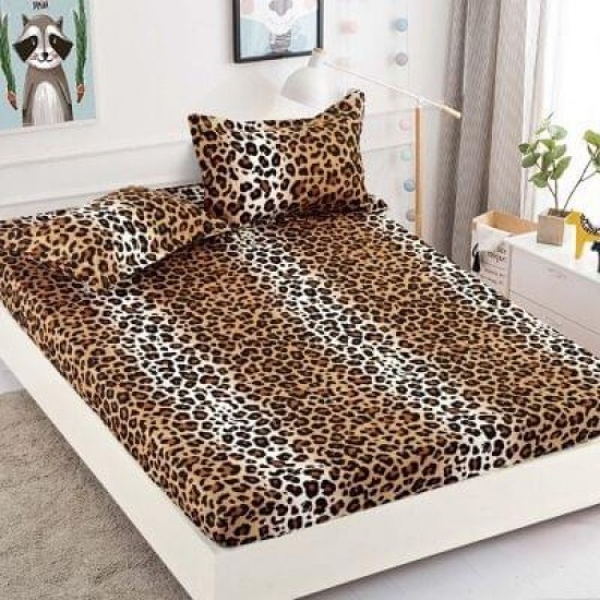 Husa pat cu elastic, Bumbac FINET, 180x200cm, 2 fete de perne 50x70cm, Maro-Bej, animal print, HDF-122 Huse Finet 180x200cm