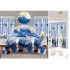 Lenjerie pat dublu, BUMBAC FINET, 6 piese, plus 2 DRAPERII, Alb-Albastru, flori, fluturi, LFG-018