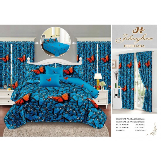 Lenjerie pat dublu, BUMBAC FINET, 6 piese, plus 2 DRAPERII, Albastru-Portocaliu, fluturi, LFG-019 Lenjerii finet plus draperii