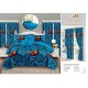 Lenjerie pat dublu, BUMBAC FINET, 6 piese, plus 2 DRAPERII, Albastru-Portocaliu, fluturi, LFG-019 Lenjerii finet plus draperii