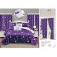 Lenjerie pat dublu, BUMBAC FINET, 6 piese, cu cearsaf cu ELASTIC, plus 2 DRAPERII, Mov-Alb, stele, LFG-022 Lenjerii finet plus draperii