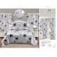 Lenjerie pat dublu, BUMBAC FINET, 6 piese, cu cearsaf cu ELASTIC, plus 2, DRAPERII, Alb-Negru, stele, LFG-025 Lenjerii finet plus draperii