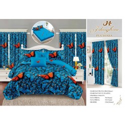 Lenjerie pat dublu, BUMBAC FINET, 6 piese, cu cearsaf cu ELASTIC, plus 2, DRAPERII, Albastru-Portocaliu, fluturi, LFG-026