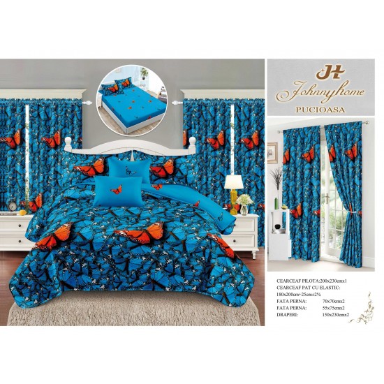 Lenjerie pat dublu, BUMBAC FINET, 6 piese, cu cearsaf cu ELASTIC, plus 2, DRAPERII, Albastru-Portocaliu, fluturi, LFG-026 Lenjerii finet plus draperii