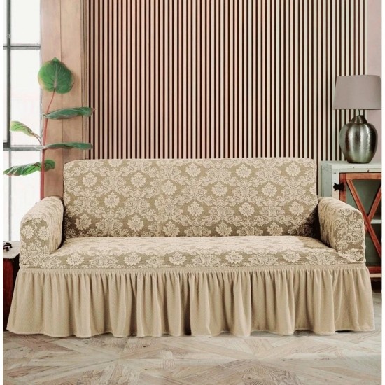 Husa elastica pentru canapea 2 locuri, model Jacquard, cu volanas, Bej, HCJ-035 Huse Jacquard