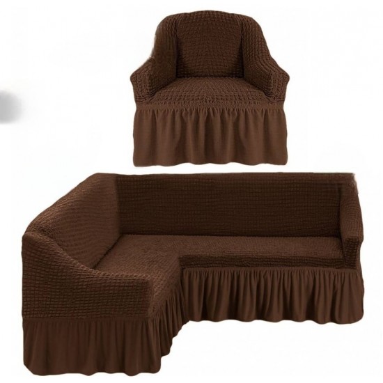 Husa Elastica si Creponata cu Volan pentru Coltar plus Fotoliu, Maro, HCCV-015 Huse Coltar Creponat cu Volane