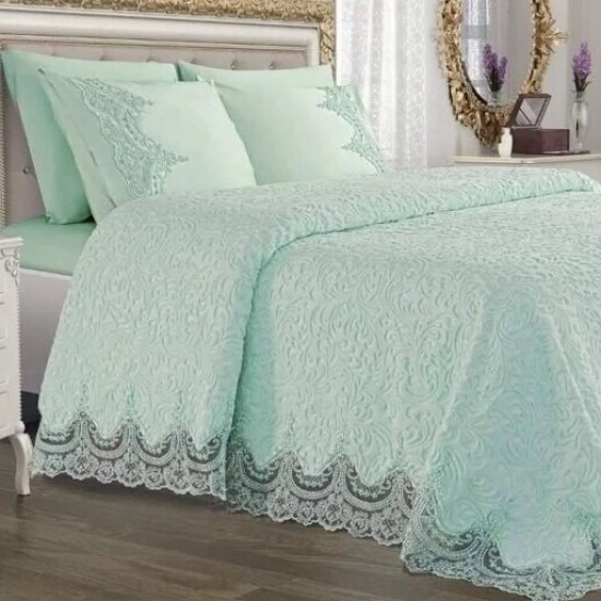 Set Cuvertură de lux Matlasată cu dantelă Elegantă, 6 piese, pat 2 persoane, Verde menta, CME-006 Cuverturi Lux Catifea cu Dantela 6 piese