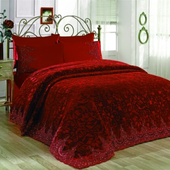 Set Cuvertură de lux Matlasată cu dantelă Elegantă, 6 piese, pat 2 persoane, Bordo, CME-001 Cuverturi Lux Catifea cu Dantela 6 piese