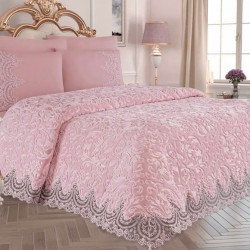 Set Cuvertură de lux Matlasată cu dantelă Elegantă, 6 piese, pat 2 persoane, Roz-pudra, CME-005