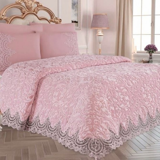 Set Cuvertură de lux Matlasată cu dantelă Elegantă, 6 piese, pat 2 persoane, Roz-pudra, CME-005 Cuverturi Lux Catifea cu Dantela 6 piese