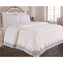 Set Cuvertură de lux Matlasată cu dantelă Elegantă, 6 piese, pat 2 persoane, Alb, CME-002