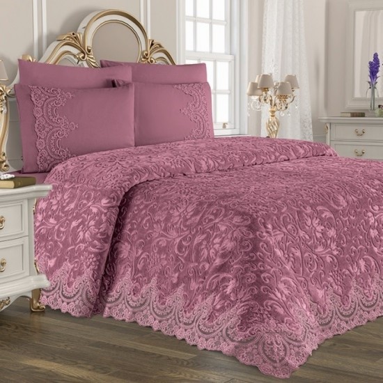 Set Cuvertură de lux Matlasată cu dantelă Elegantă, 6 piese, pat 2 persoane, Roz inchis, CME-007 Cuverturi Lux Catifea cu Dantela 6 piese