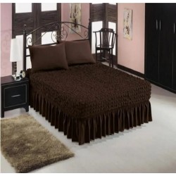 Set Husa de pat + 2 fete perna elastice si creponate, cu volanas, Maro inchis, HPC-001