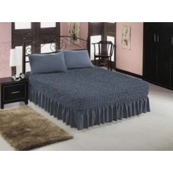 Set Husa de pat + 2 fete perna elastice si creponate, cu volanas, Gri inchis, HPC-002