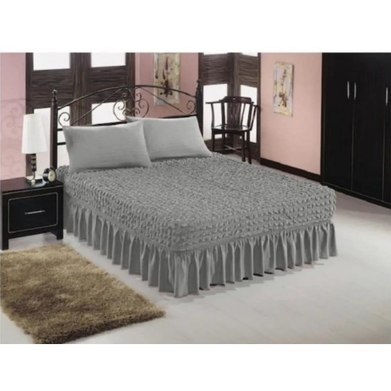 Set Husa de pat + 2 fete perna elastice si creponate, cu volanas, Gri deschis, HPC-003 Huse Pat Creponate