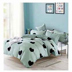 Lenjerie pat dublu, 4 piese, Bumbac Satinat Superior, Verde-Negru, inimi, OLBS-042