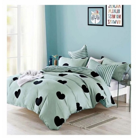Lenjerie pat dublu, 4 piese, Bumbac Satinat Superior,  Verde-Negru, inimi, OTM-029 Oferta Trio Mix 199