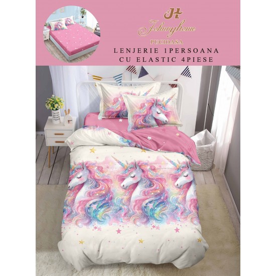 Lenjerie Finet, 4 Piese, Pat 1 persoana, cearsaf cu ELASTIC, Alb-Roz, unicorn, LOP-008 Lenjerii FInet 1 Persoana cu ELASTIC
